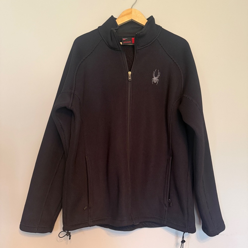 Spyder Mens XXL Black Ribbed Knit Full Zip Fleece Lined Sweater Jacket Mock Neck